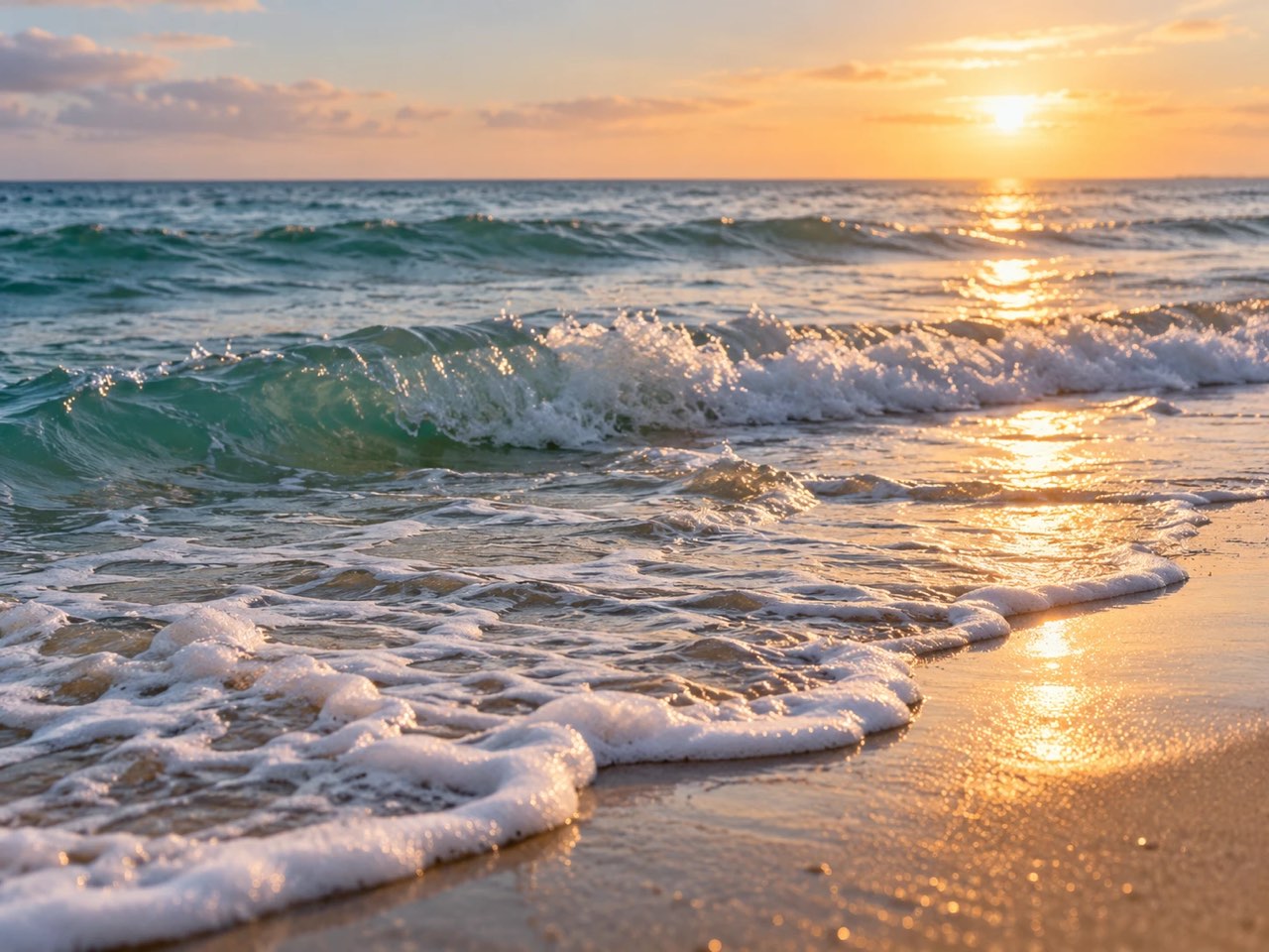 Gentle waves rolling onto a sandy beach at sunset