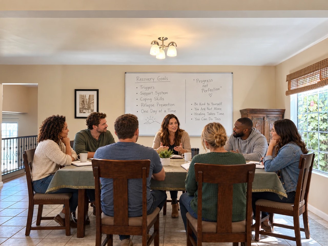 A small group session around the dining table, with a whiteboard listing recovery goals