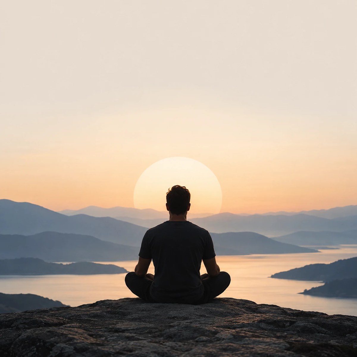 A person sitting cross-legged on a rock, looking out over hills and water as the sun rises
