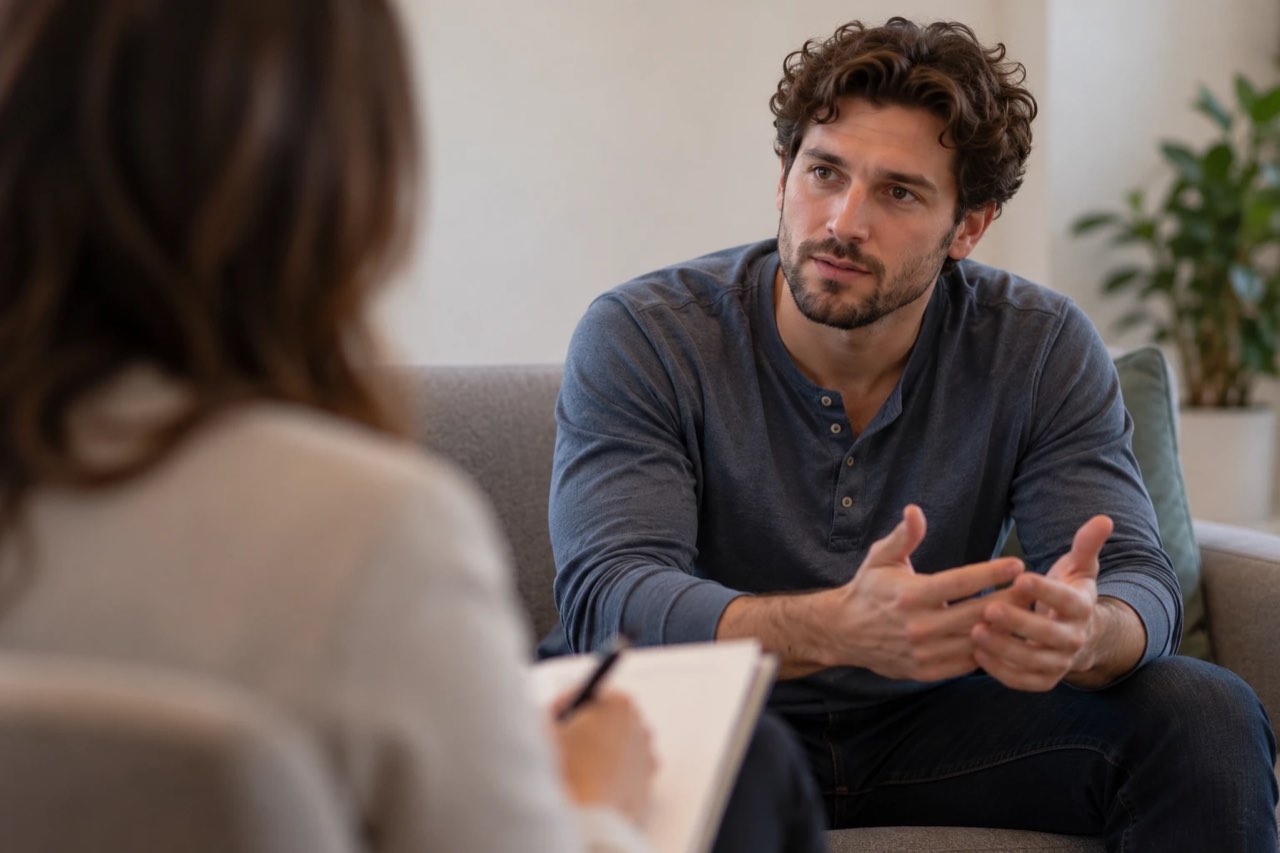 A man talking with his counselor during a one-on-one session